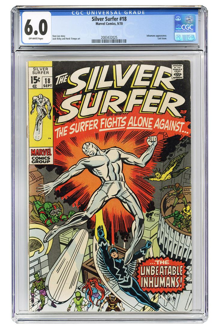 Silver Surfer #18. Marvel Comics, 1970. CGC 6.0 graded: Silver Surfer #18. Marvel Comics, 1970. CGC 6.0 graded copy with off-white pages. Inhumans appearance. Last issue. Story by Stan Lee. Art by Jack Kirby and Herb Trimpe.