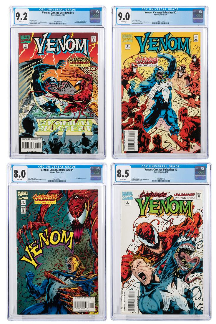 Venom: Carnage Unleashed #1, #2, #3, #4. Marvel Comics,: Venom: Carnage Unleashed #1, #2, #3, #4. Marvel Comics, 1995. CGC 8.0, 9.0, 8.5, 9.2 graded copies with white pages. Stories by Larry Hama. Cover art by Andrew Wildman. Art by Andrew Wildman and Joe R
