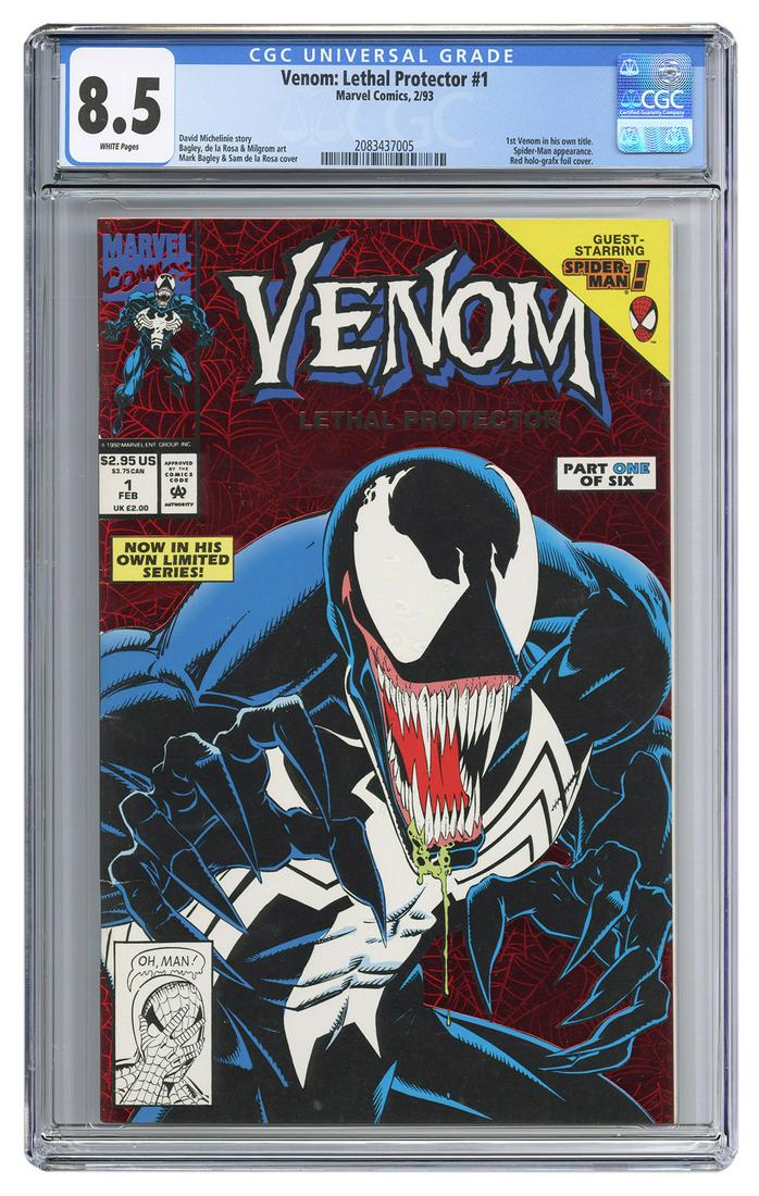Venom: Lethal Protector #1. Marvel Comics, 1993. CGC: Venom: Lethal Protector #1. Marvel Comics, 1993. CGC 8.5 graded copy with white pages. First Venom in his own title. Spider-Man appearance. Red holo-grafx foil cover. Story by David Michelinie. Cover 
