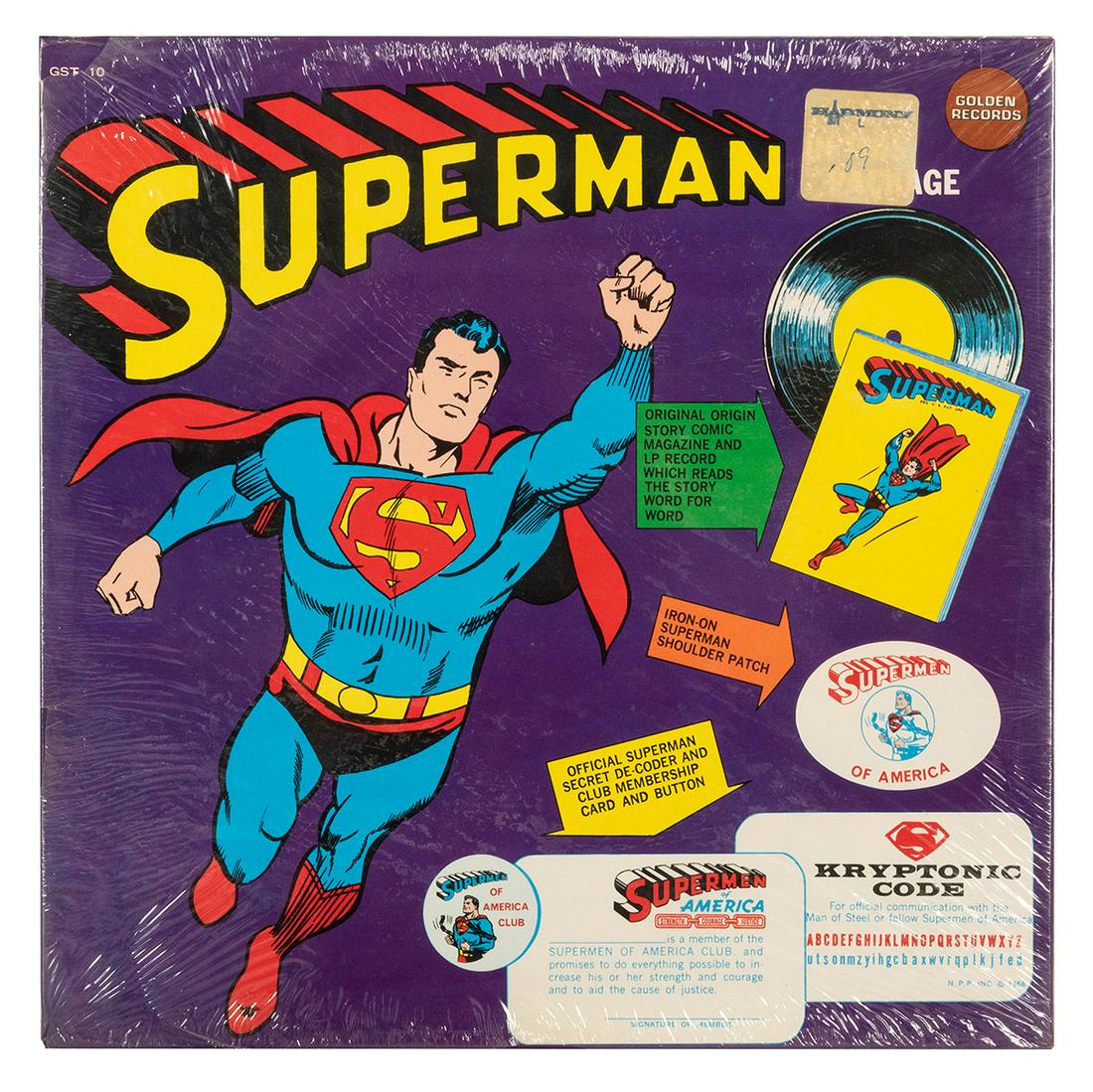 Superman Golden Records Factory Sealed Box Set. Cover: Superman Golden Records Factory Sealed Box Set. Cover depicts images of contents including LP record, comic book, iron-on shoulder patch, secret decoder card, club membership card, and button; in orig