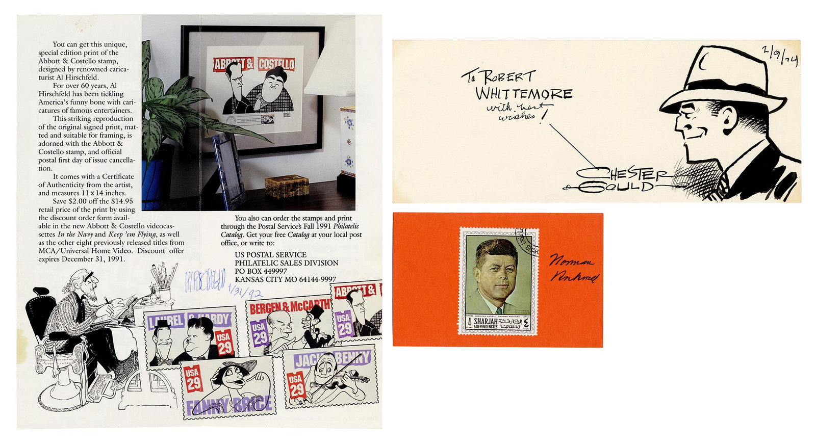 Chester Gould, Norman Rockwell, and Al Hirschfeld.: Chester Gould, Norman Rockwell, and Al Hirschfeld. Including an ink sketch of Dick Tracy in profile, inscribed to Robert Whittemore and signed by Gould. 3 ½ x 9”, RR COA; an Al Hirschfeld a