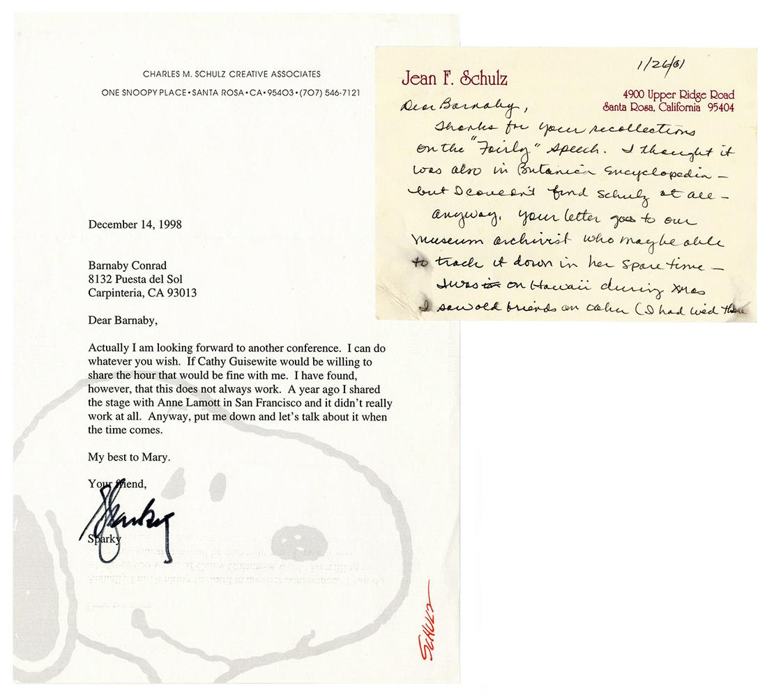 Charles Schulz Typed Letter Signed on Author’s: Charles Schulz Typed Letter Signed on Author’s Letterhead. 1998. Single page letter from Schulz to Barnaby Conrad, director of the Santa Barbara Writers Conference. Very good with two smoot