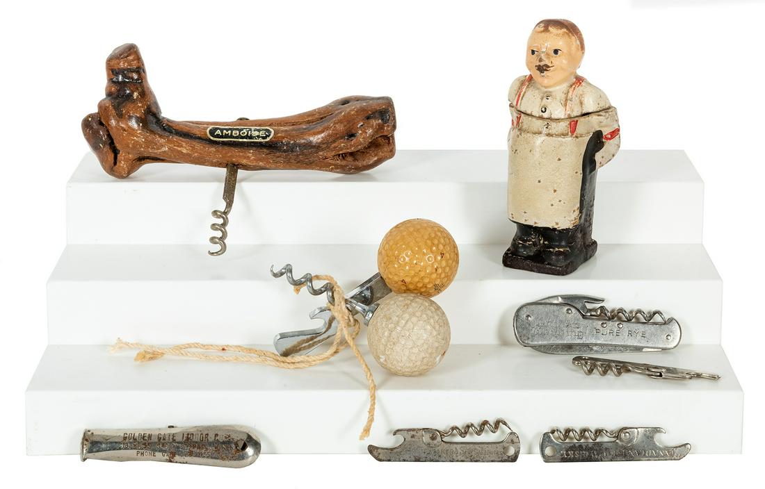 Lot of 9 Bottle and Wine Openers. Including one: Lot of 9 Bottle and Wine Openers. Including one chalkware chef wine opener, Amboise, two with golf balls attached, and others which advertise liquor stores. Largest 6”.
