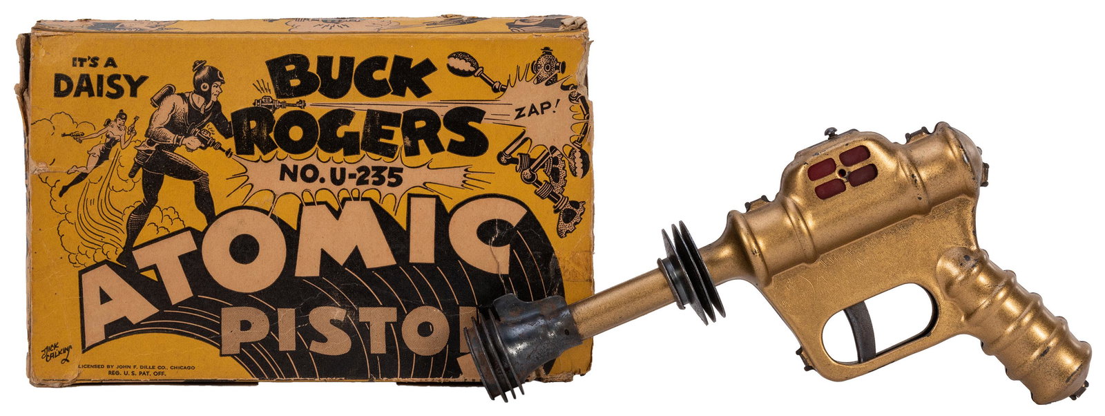 Buck Rogers Atomic Pistol in Original Box with Leather: Buck Rogers Atomic Pistol in Original Box with Leather Holster. Daisy, 1935. 10 ½”. Copper finish pop gun with spark, a beautiful example in a scarce original box (with some cracks and tear