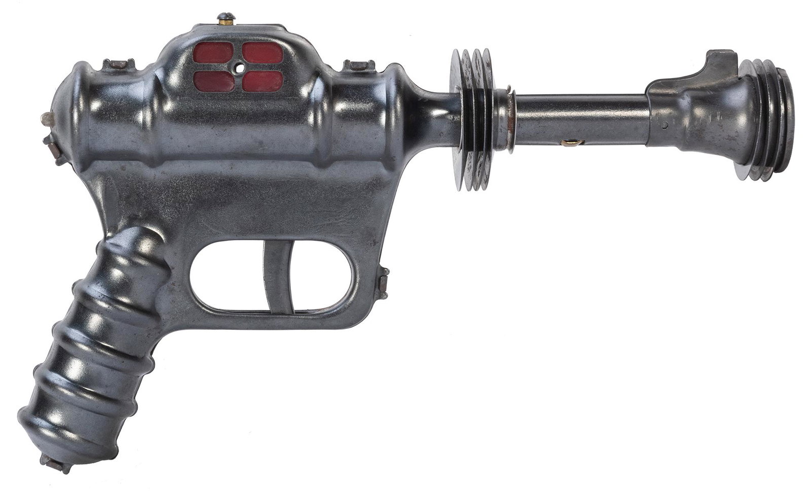 Buck Rogers Atomic Pistol. Plymouth, MI: Daisy Mfg.,: Buck Rogers Atomic Pistol. Plymouth, MI: Daisy Mfg., ca. 1940s. A pressed steel pop gun with metallic finish. Without holster and box. Length 9”. Does not produce spark when triggered is pulled;