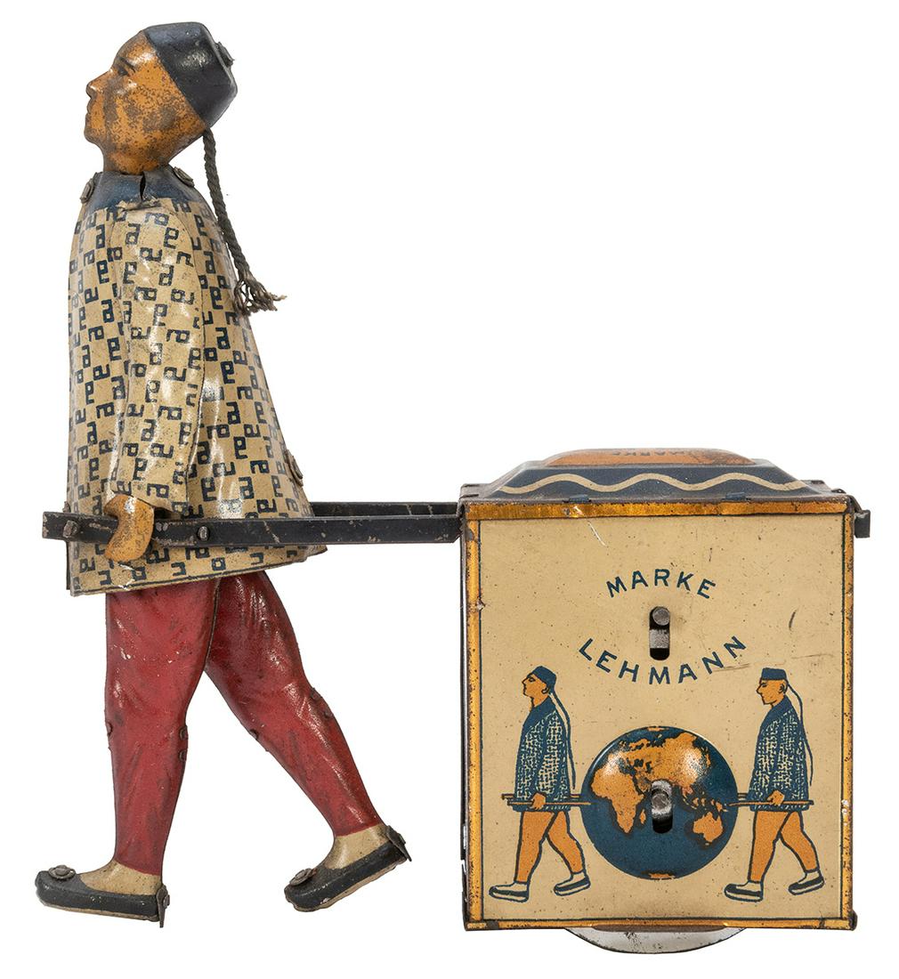 Lehmann Nu Nu Wind-Up Toy. Germany. Lithographed tin: Lehmann Nu Nu Wind-Up Toy. Germany. Lithographed tin wind-up toy depicting a Chinese man pulling a tea cart. 5 ¼ x 5 x 2”. Scratches and paint loss, clockwork faulty. Fair/good.