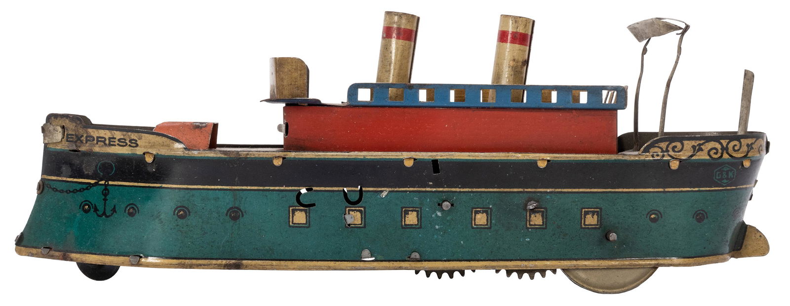 G&K (Geppert & Kelch) Express Ocean Liner. Marked G&K,: G&K (Geppert & Kelch) Express Ocean Liner. Marked G&K, Made in Germany. Length 9”. Retains lifeboat. Paint losses, scratches, clockwork faulty. Good.