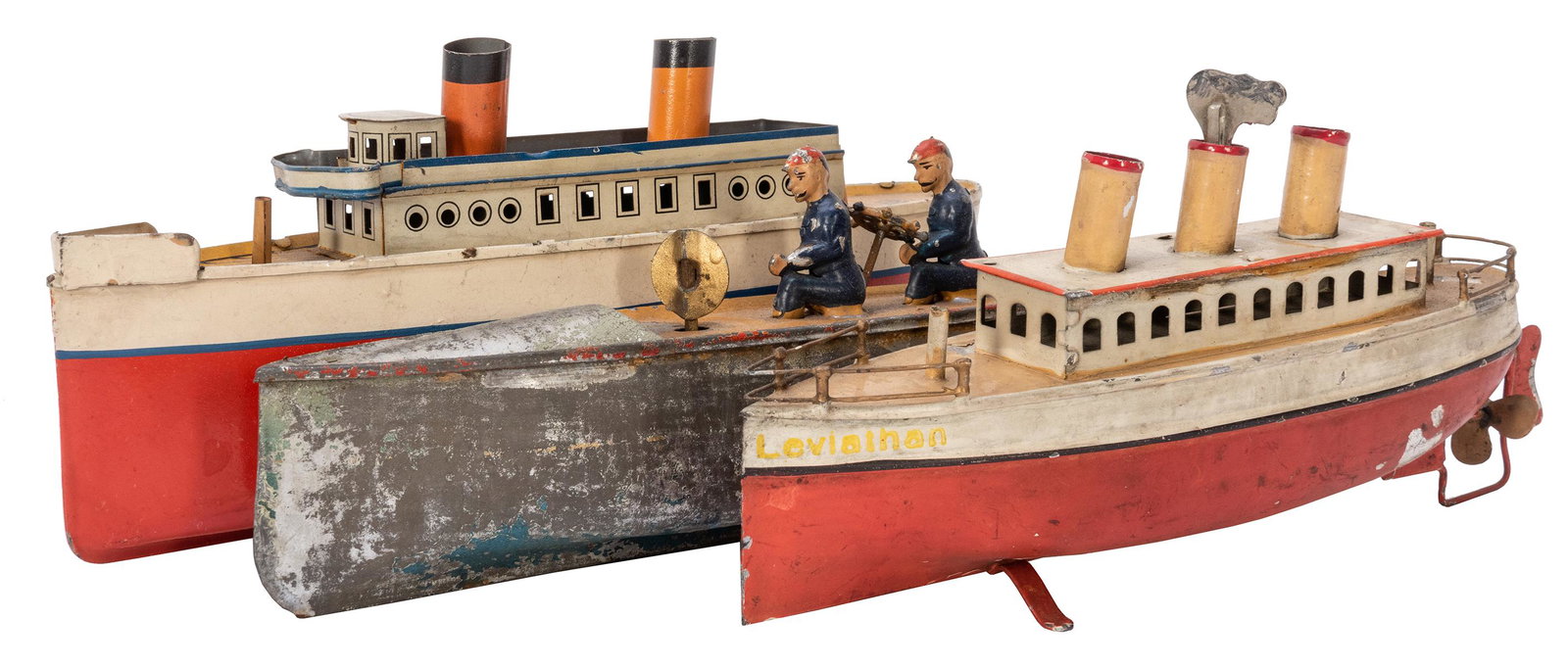 Trio of Tin Ocean Liner / Boat Toys. One marked BW: Trio of Tin Ocean Liner / Boat Toys. One marked BW (Bing Werke), length 10 ½”; second stamped Made in Germany with repainted “Leviathan” on side, length 9 ¼”, with ke