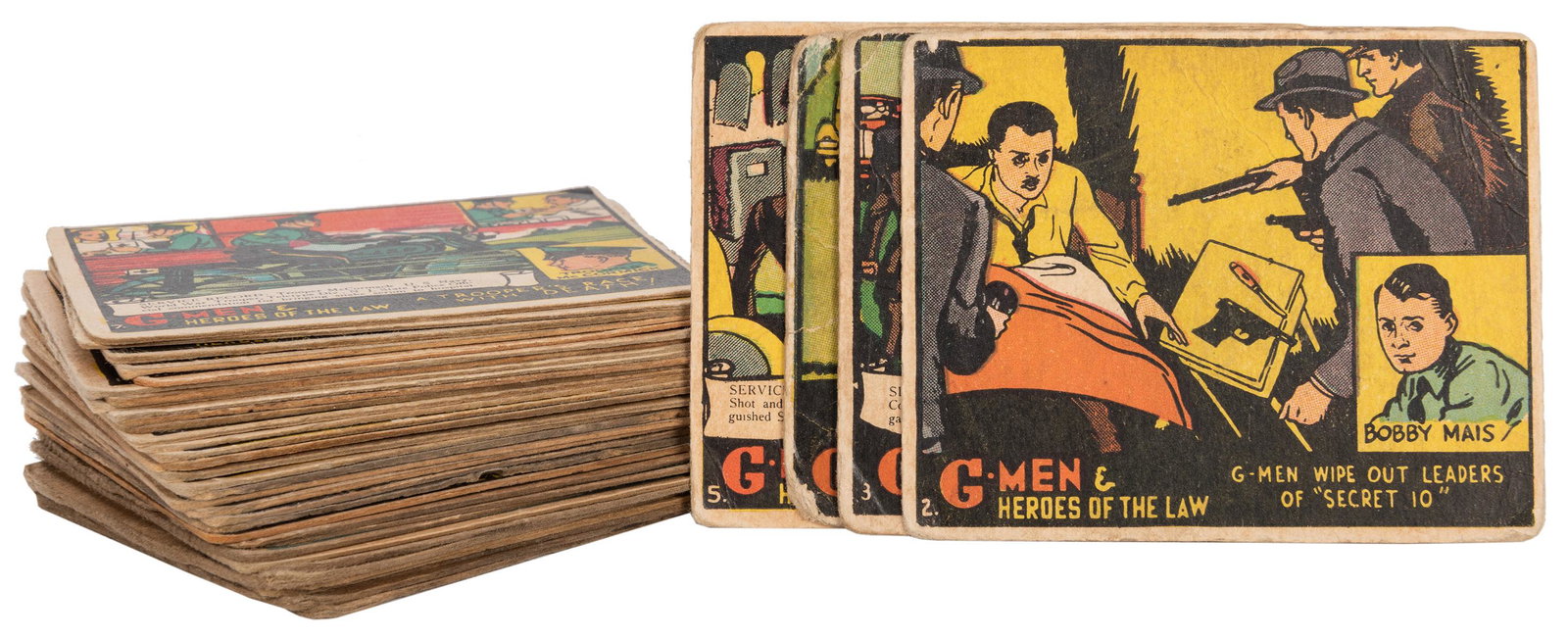 G-Men and Heroes of the Law Trading Cards. Lot of 39.: G-Men and Heroes of the Law Trading Cards. Lot of 39. Gum Inc., 1936. Collection includes no. 1-5, 7-24, 40, 80, 117, 191, 248, 257. Also included are (10) Government Agents vs. Public Enemies (no. 20