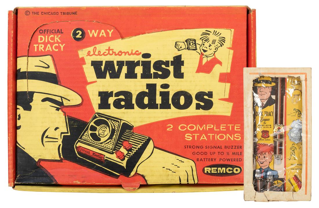 Dick Tracy Wrist Radios and Braces Set. Including Remco: Dick Tracy Wrist Radios and Braces Set. Including Remco Wrist Radio set (original box, insert, radios, wire, and instructions); and DeLuxe Dick Tracy Braces for Smart Boys and Girls set (complete with