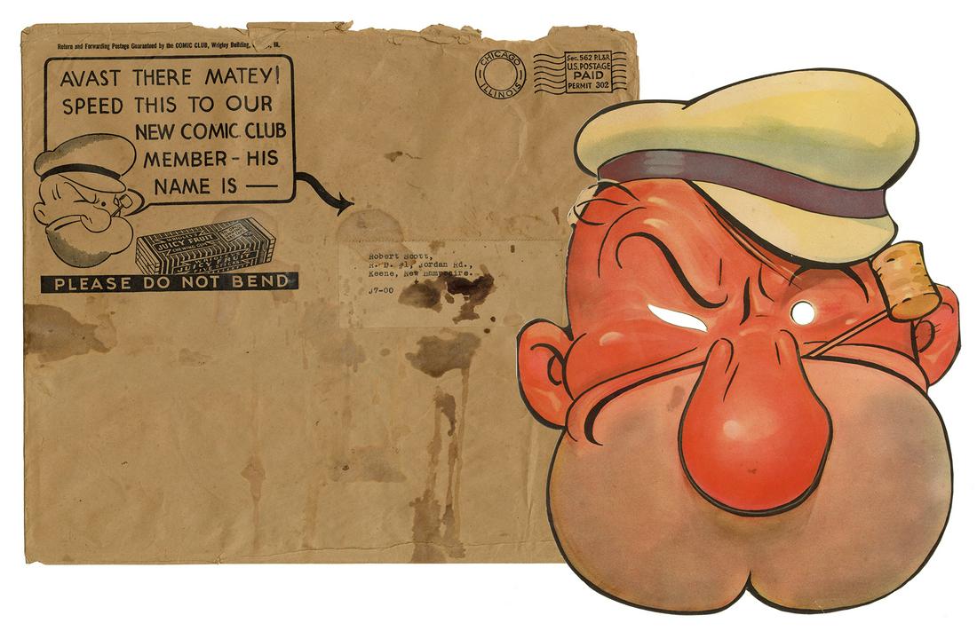 Popeye Paper Mask Wrigley Juicy Fruit Premium. Circa: Popeye Paper Mask Wrigley Juicy Fruit Premium. Circa 1930s. Brightly colored paper mask with King Syndicate and patent labels on verso, together with the original pictorial mailing envelope (soiled). 