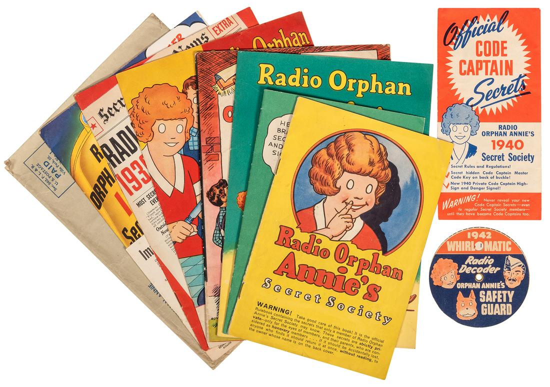Radio Orphan Annie Secret Society Collection. 23 pcs.: Radio Orphan Annie Secret Society Collection. 23 pcs. Circa 1930s/40s. Lot includes (8) decoder and coder pins; sundial with compass; (2) Secret Society pins; (2) identification bracelets; Sandy slide