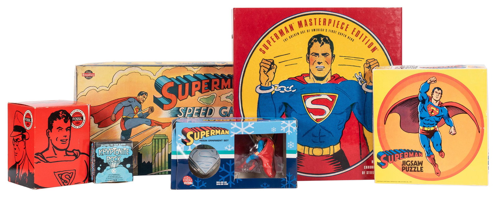 Group of Superman Collectables and Games. Circa: Group of Superman Collectables and Games. Circa 1940s/2000s. Six pieces, including a boxed vintage Superman kryptonite rock (1977); Superman Speed Game (Milton Bradley, 1940); a boxed limited-edition 