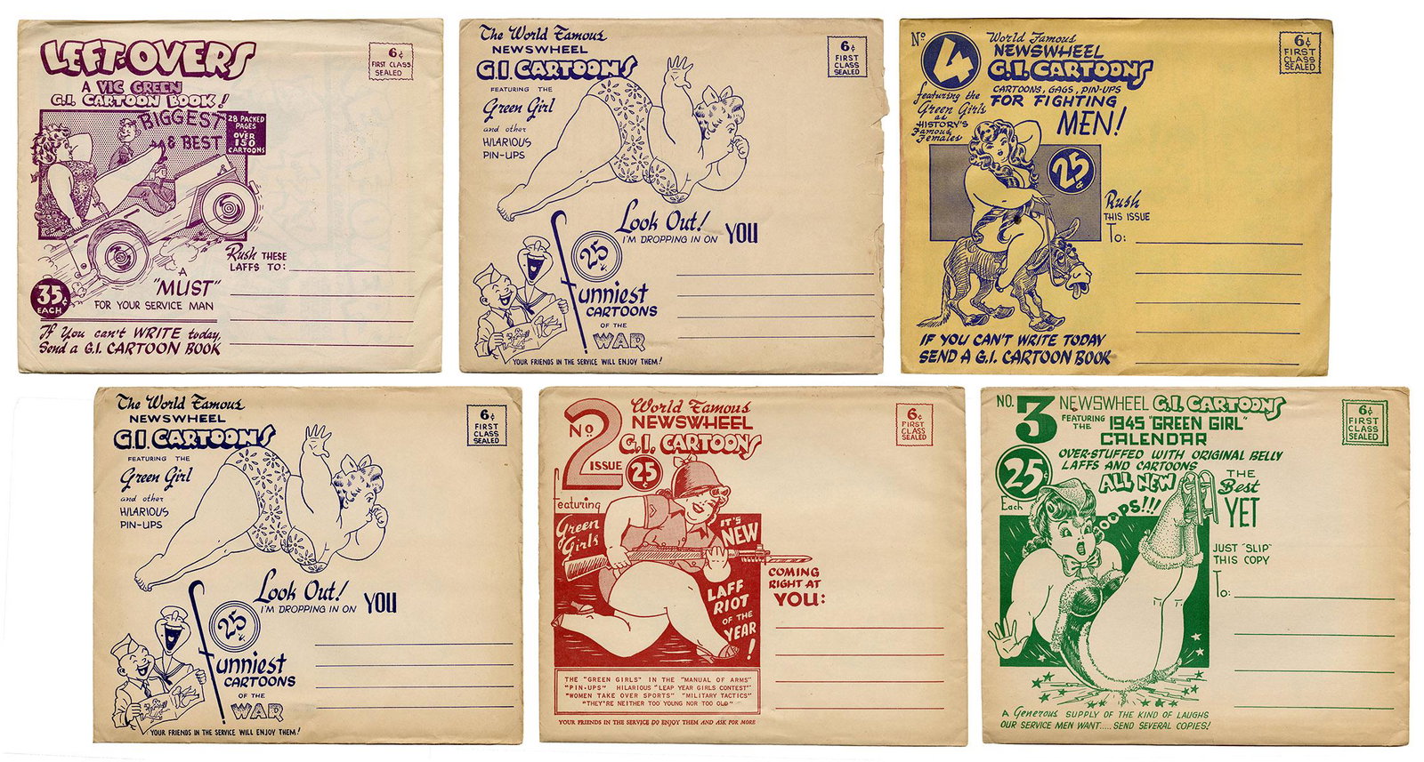 Newswheel G.I. Cartoons Pin-Up Mailer Set. 1940s. Six: Newswheel G.I. Cartoons Pin-Up Mailer Set. 1940s. Six packets of stapled cartoon booklets of risqué pin-up artwork and raunchy humor, issued during World War II. With original pictorial mailing c