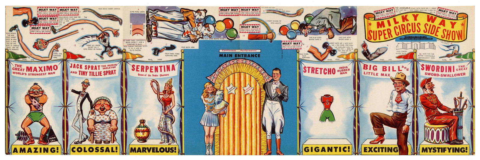 Milky Way Super Circus Side Show Premium. Chicago: Mars: Milky Way Super Circus Side Show Premium. Chicago: Mars Inc., 1950s. Pictorial mailer containing a paper side show kit with paper sideshow entrance and banners for a strongman, human skeleton, snake h