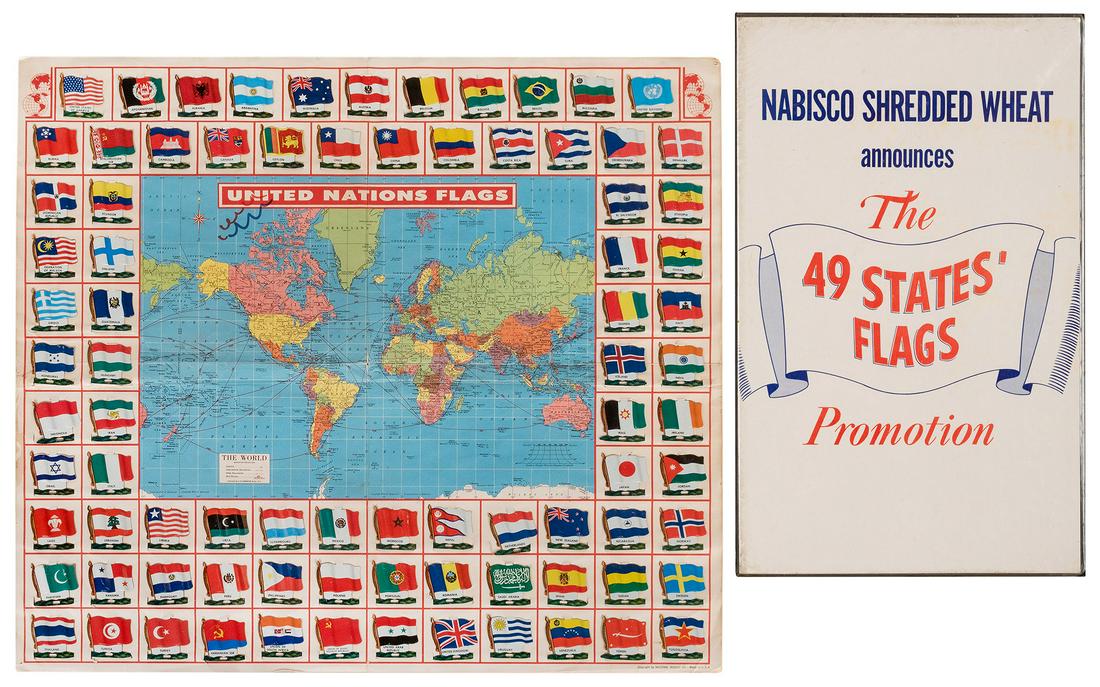 Nabisco United Nations Flags / Flags of the 49 States: Nabisco United Nations Flags / Flags of the 49 States Premiums. Two Nabisco map premiums. The first (United Nations) a world map with squares in border to insert accompanying metal flags. Complete set