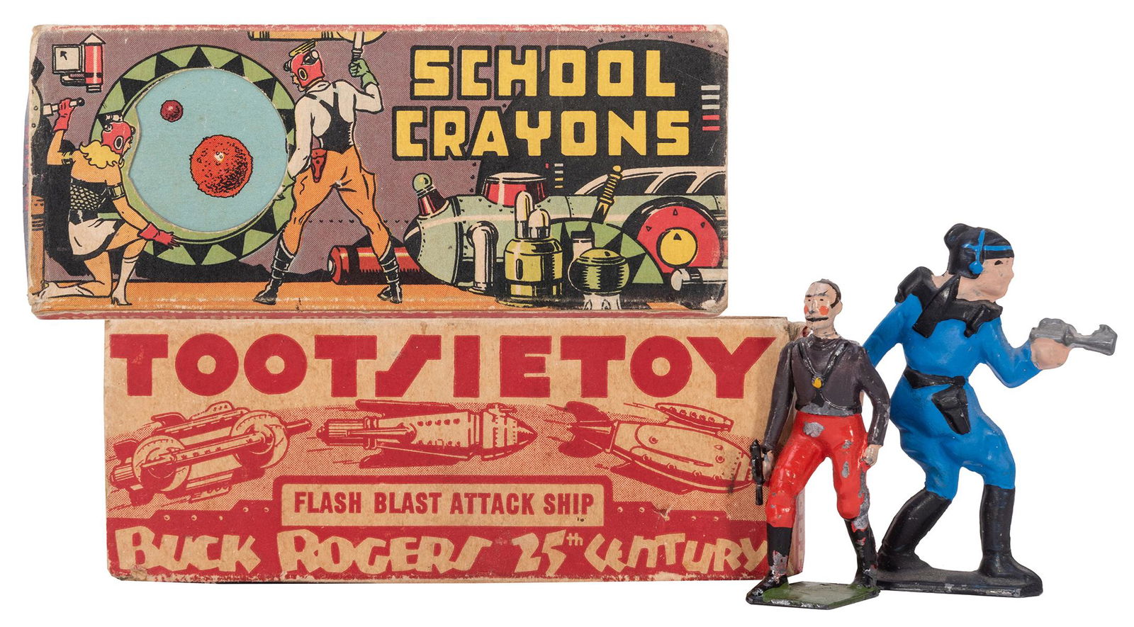 Buck Rogers Flash Blast Ship, Lead Figures, Crayon: Buck Rogers Flash Blast Ship, Lead Figures, Crayon Ship. USA, 1937. Including Flash Blast Ship (length 4 ½”) with original box (lacks flaps at one end), paint losses and scratching; two lea