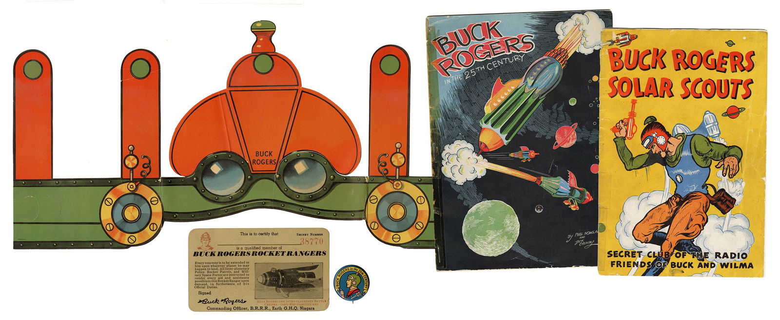 Buck Rogers Premiums Lot. Including Buck Rogers Solar: Buck Rogers Premiums Lot. Including Buck Rogers Solar Scouts Radio Club handbook (Cream of Wheat, 1936); Buck Rogers in the 25th Century Kellogg’s booklet (1933); Cocomalt premium helmet; Rocket