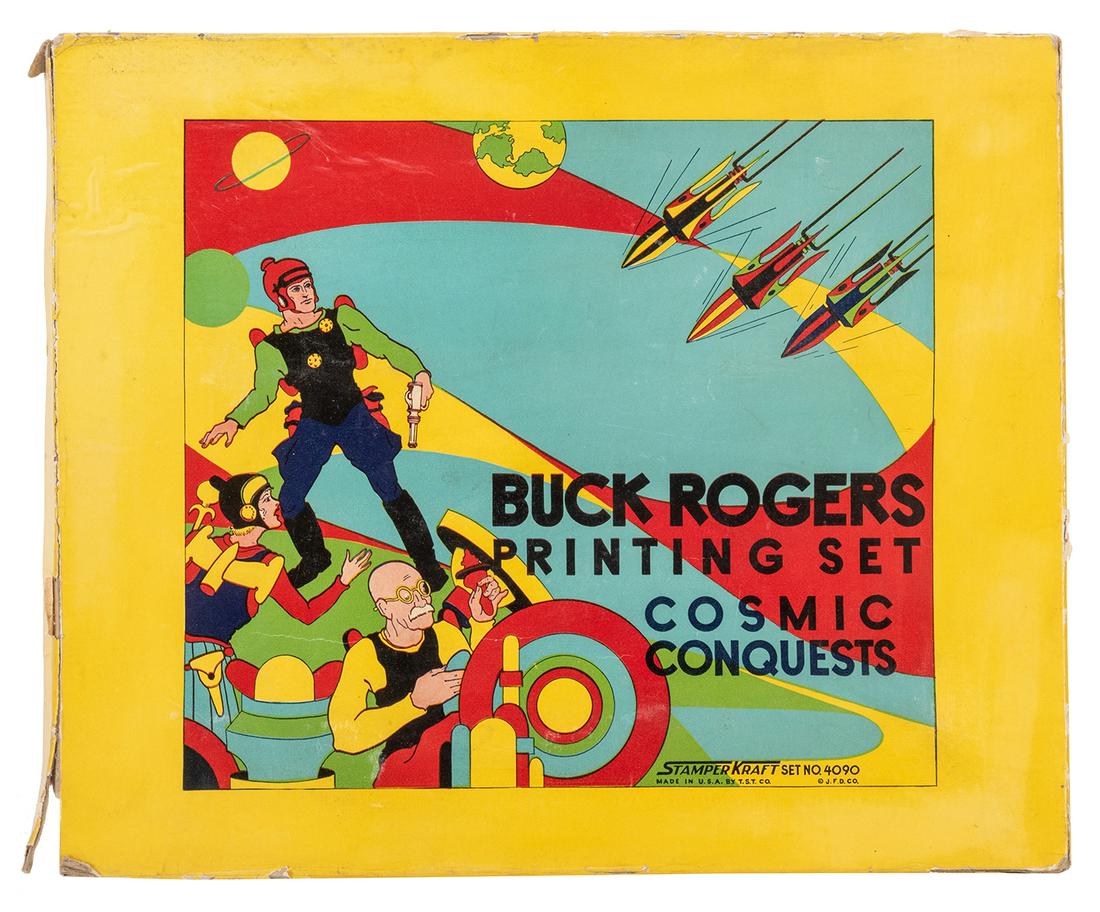 Buck Rogers Cosmic Conquest Printing Set. Stamper Kraft: Buck Rogers Cosmic Conquest Printing Set. Stamper Kraft Set No. 4090. Includes complete set of 22 rubber stamps, cartoon strip booklet, ink pad, in insert and original box. Size (box) 14 ½ x 12 x