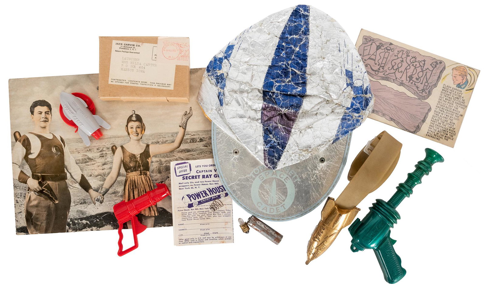 Collection of Space Cadet Premiums and Ephemera.: Collection of Space Cadet Premiums and Ephemera. Including Tom Corbett flash light pin; Tom Corbett mesh hat with folding visor; Tom Corbett Space Academy certificate; Space Patrol belt with metal roc