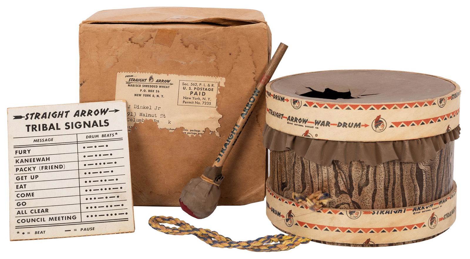 Native American Toys, Premiums, and Film Lot. Including: Native American Toys, Premiums, and Film Lot. Including Straight Arrow War Drum (National Biscuit Co., 1949), diam. 5”, original mailer box, leather to drum and stick is split and crumbling with