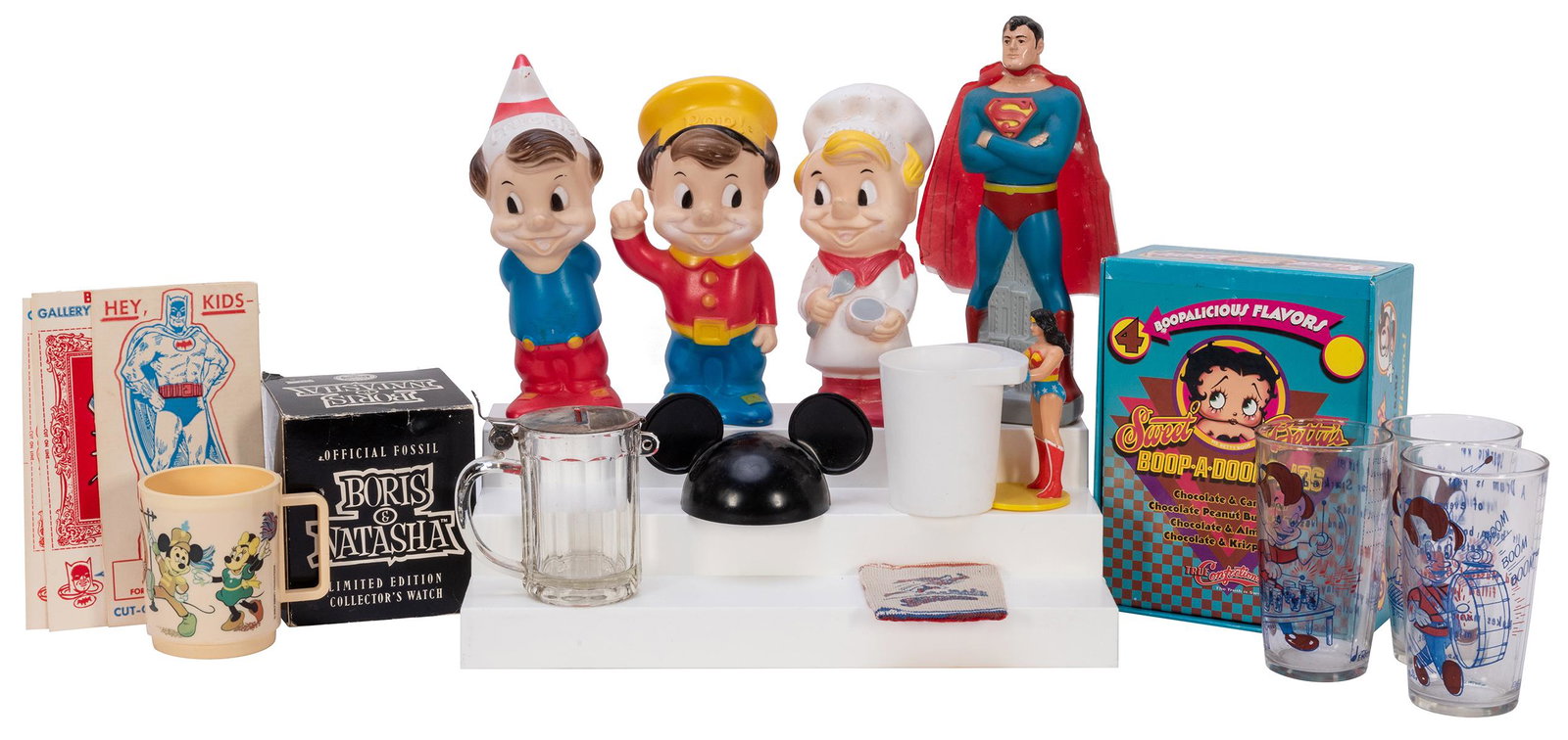 Comic Strip and Character Spoons, Glasses, and: Comic Strip and Character Spoons, Glasses, and Novelties. Collection including over 35 character spoons (Batman, Superman, Charlie McCarthy, Snoopy, Mickey Mouse, various cereal and food brands, movie