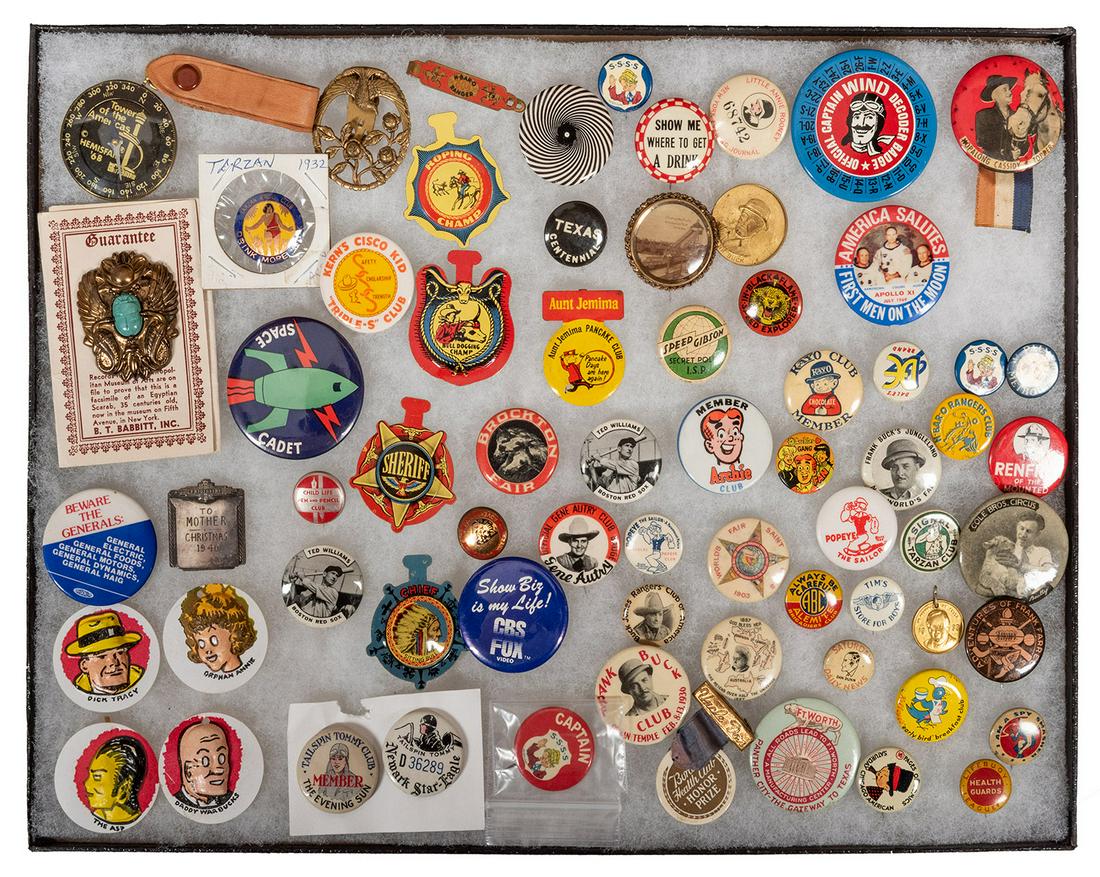 Group of Radio, Comic Strip, and Other Premiums. 69: Group of Radio, Comic Strip, and Other Premiums. 69 pcs. Circa 1930s-1950s. Premium pinbacks, badges and buttons issued by various sponsors, subjects include the Archie Club, Tarzan Radio Club, Speed