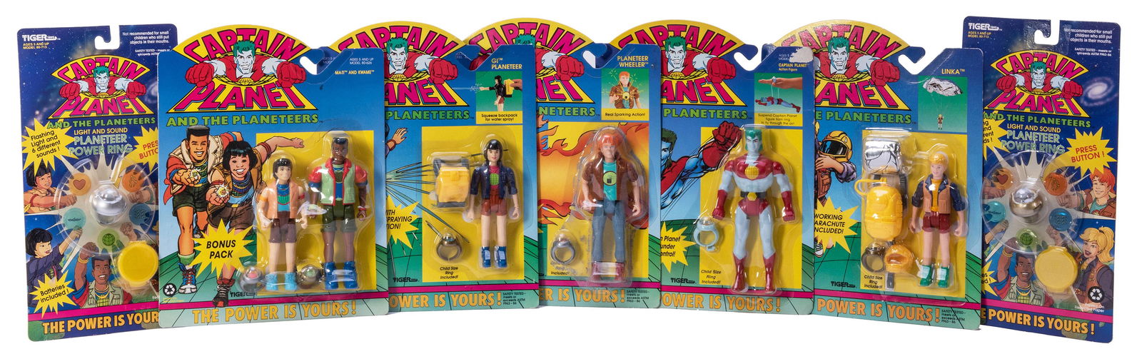Captain Planet Action Figures and Power Rings. Lot of: Captain Planet Action Figures and Power Rings. Lot of 7. China: Tiger Electronics, 1991. Figures include Captain Planet, Planeteer Wheeler; GI Planeteer; Linka; Ma-Ti; Kwame; and two battery powered P