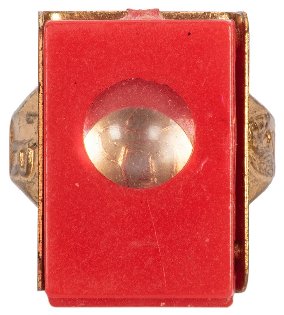 Roy Rogers Microscope Ring. Circa 1949. A Quaker: Roy Rogers Microscope Ring. Circa 1949. A Quaker Cereals premium, this brass ring featuring his initials and his horse, Trigger, around the bands. On top is a hinged red plastic device with small circ