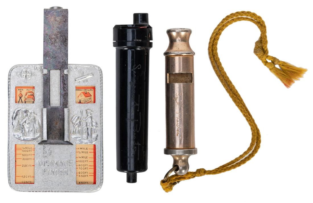 Sergeant Preston Mounted Police Whistle, Signal Device,: Sergeant Preston Mounted Police Whistle, Signal Device, and Distance Finder. 1950. A gold plated metal whistle with original cord; black plastic signaling device; and distance finder with cardboard in