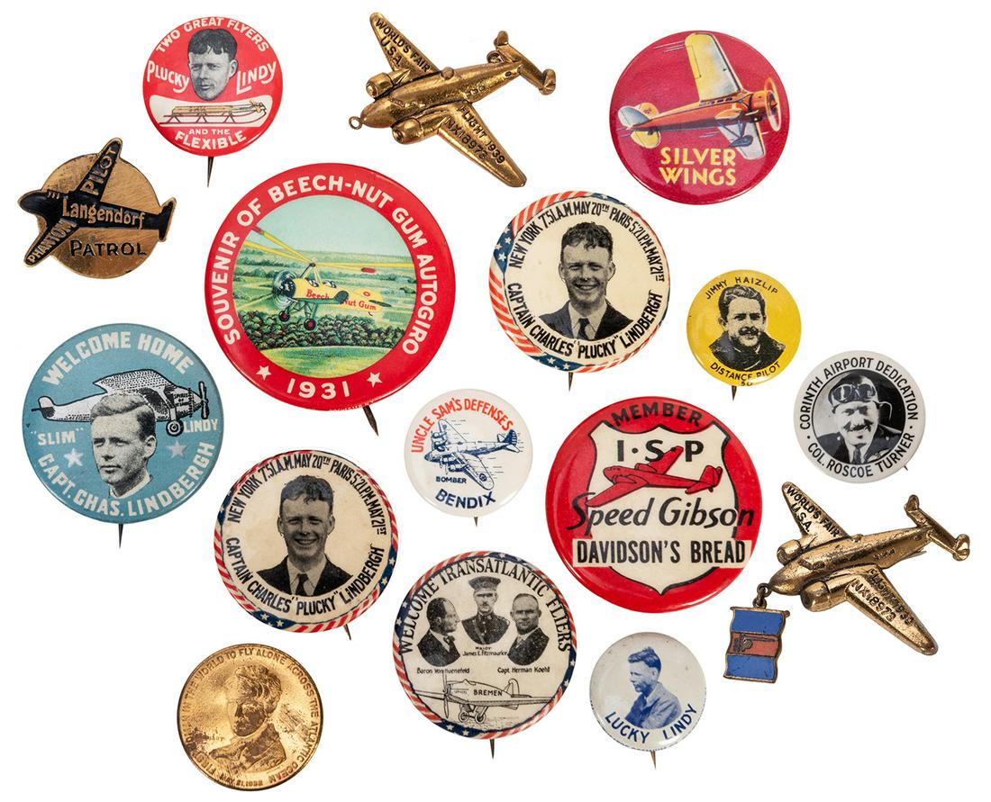 Aviation Premium Pinback Collection. 16 pcs. Circa: Aviation Premium Pinback Collection. 16 pcs. Circa 1900s/30s. Lot includes Howard Hughes NY World’s Fair airplane pinback (1939); (5) various Charles Lindbergh buttons; a Jimmy Haizlip button; a