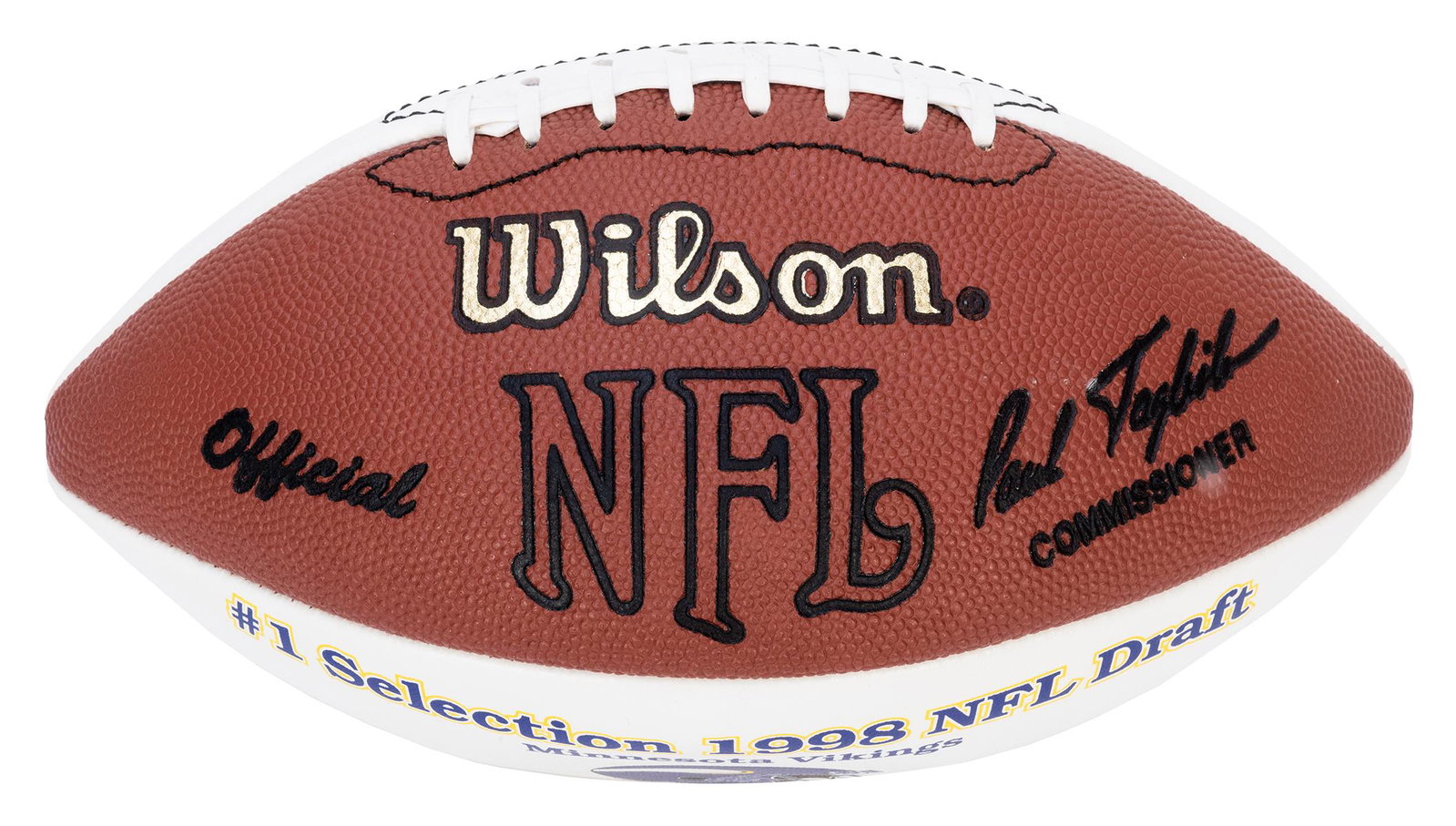 Randy Moss Signed 1998 NFL Draft Football. Pictorially: Randy Moss Signed 1998 NFL Draft Football. Pictorially printed football with the Minnesota Vikings logo, titled “#1 Selection 1998 NFL Draft, Randy Moss”. Boldly signed by Moss and dated &