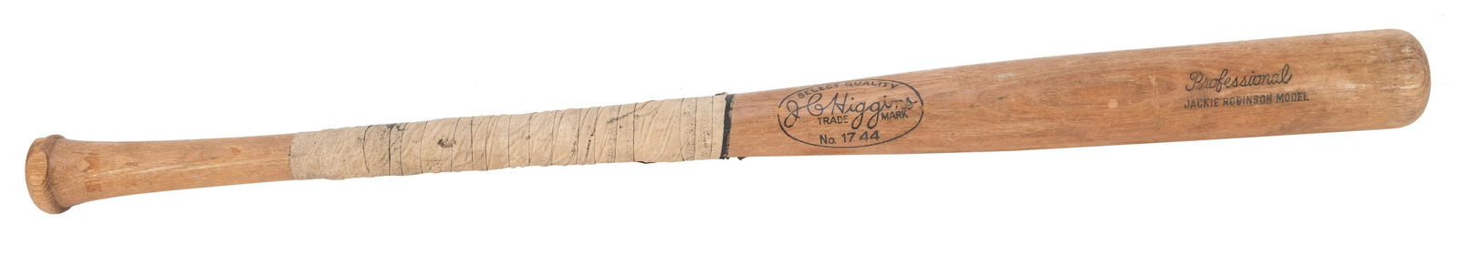 Jackie Robinson Model Baseball Bat. Higgins No. 1744.: Jackie Robinson Model Baseball Bat. Higgins No. 1744. Length 34”. Handle wrapped with tape for grip, few splits to wood from use.