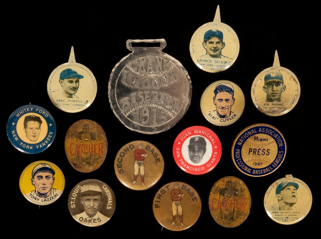 Group of 15 Early Baseball Buttons and Pins. Circa: Group of 15 Early Baseball Buttons and Pins. Circa 1890s/1910s. Includes St. Louis Cardinals Rebel Oakes; Tony Lazzeri; Kiki Culver; “Crane Indoor Baseball, 1915”; early positional pinback