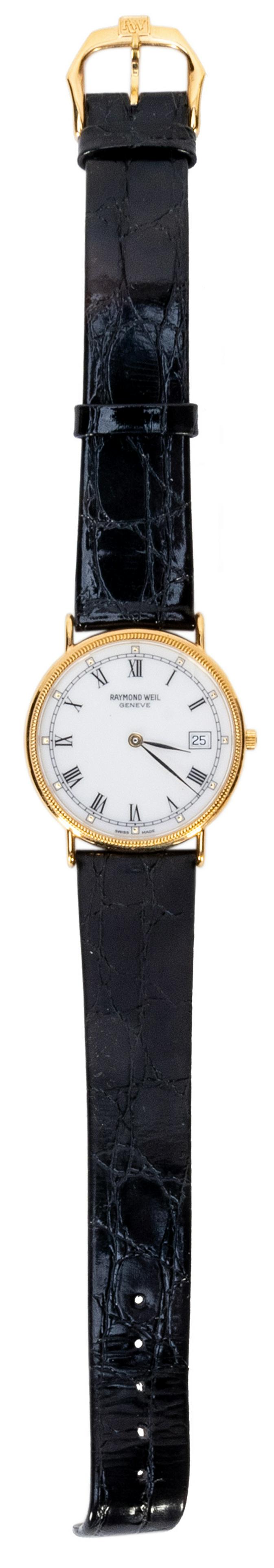 Joe DiMaggio Owned Raymond Weil Wristwatch. Swiss made,: Joe DiMaggio Owned Raymond Weil Wristwatch. Swiss made, 18k gold electroplated, water resistant, genuine leather band. Possibly a woman’s watch. Includes a LOA signed by DiMaggio’s grandch