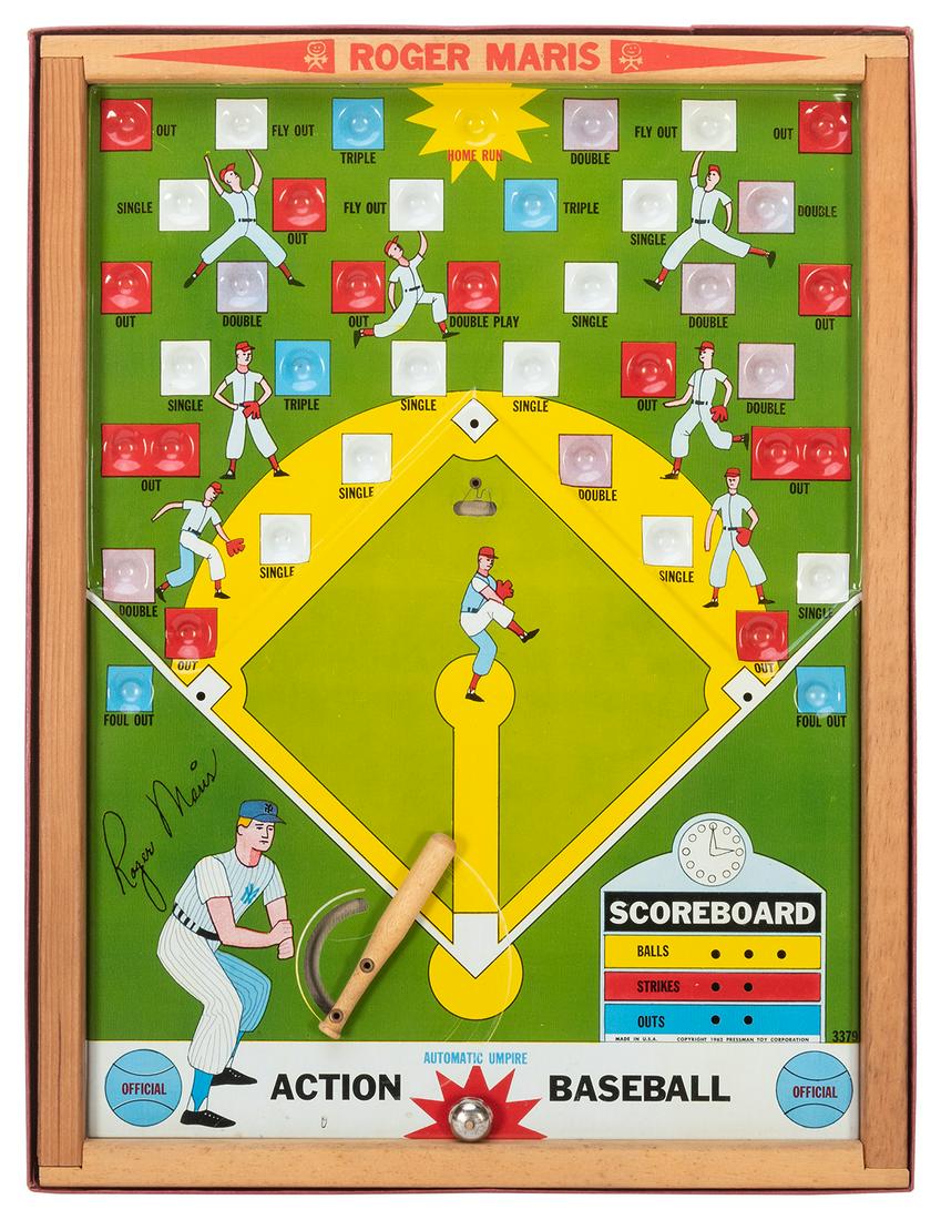 Roger Maris’ Action Baseball Game. USA: Pressman: Roger Maris’ Action Baseball Game. USA: Pressman Toy Corp., 1962. Tin lithograph tabletop toy with spring loaded baseball bat, marble baseball, and original player pegs. Housed in original box.