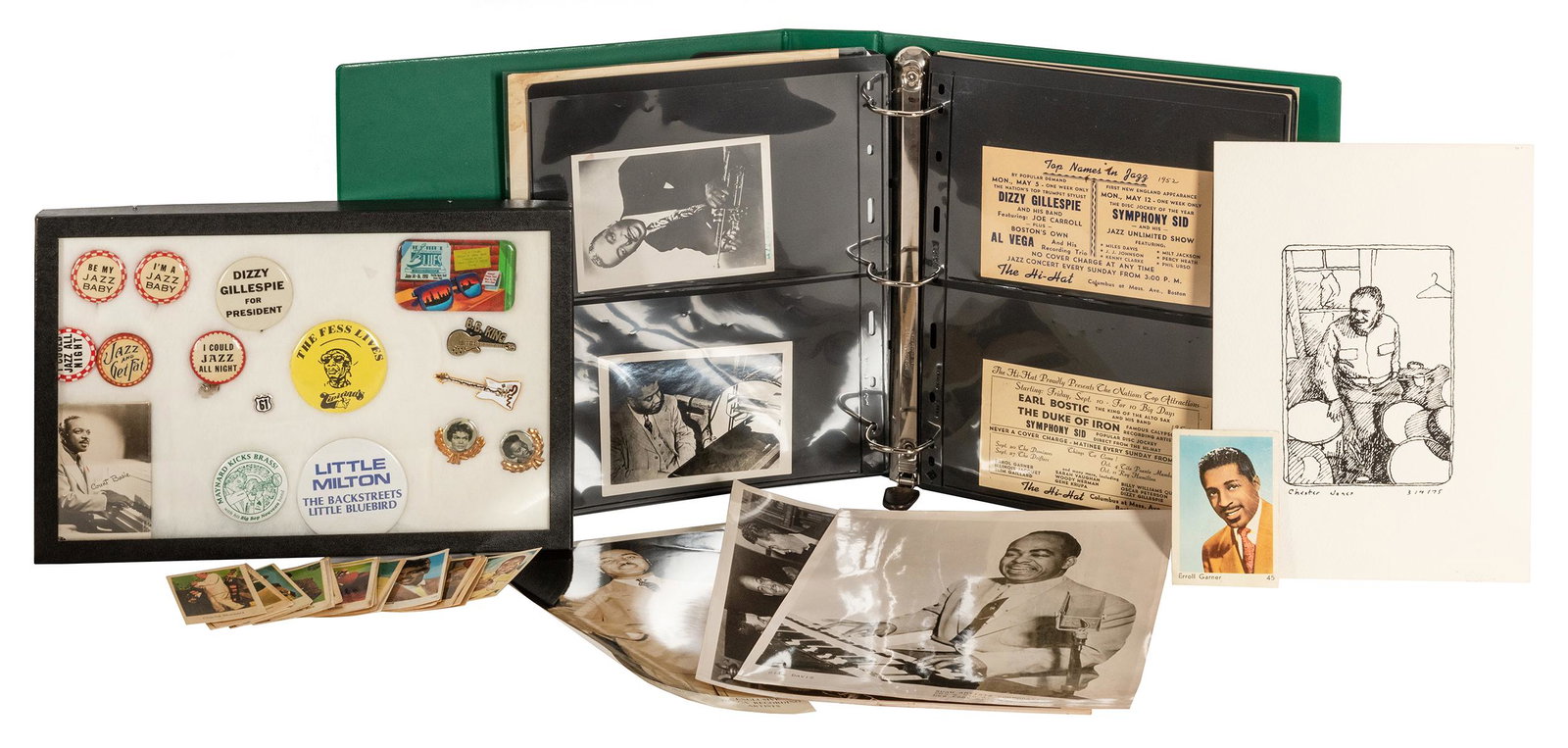 Collection of Jazz and African American Music Ephemera.: Collection of Jazz and African American Music Ephemera. Bulk 1910s-50s. Approximately 50 pieces, being a collection of postcards, advertisements, trading cards, flyers, passes, buttons, pinbacks, and 