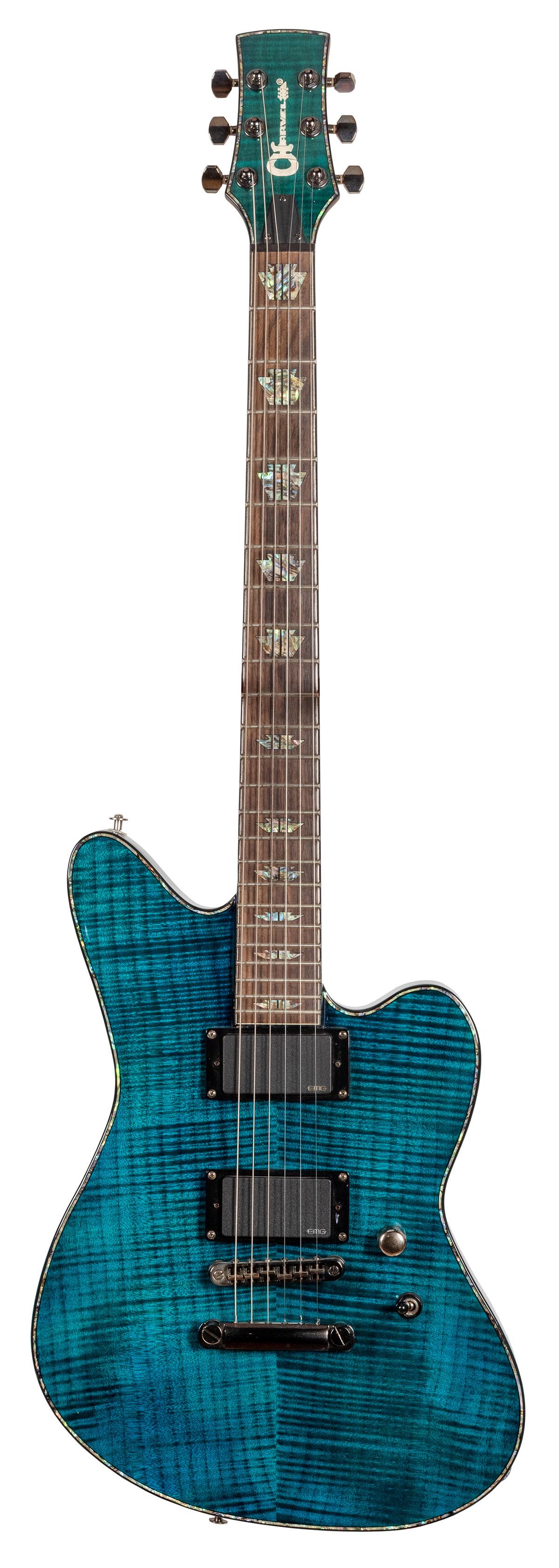 Charvel Destination Skatecaster SK-1 ST Electric: Charvel Destination Skatecaster SK-1 ST Electric Guitar. Modernized take on the Charvel Surfcaster of the early 1990s. Trans blue smear, jumbo frets, abalone “keystone” inlays. Small scrat