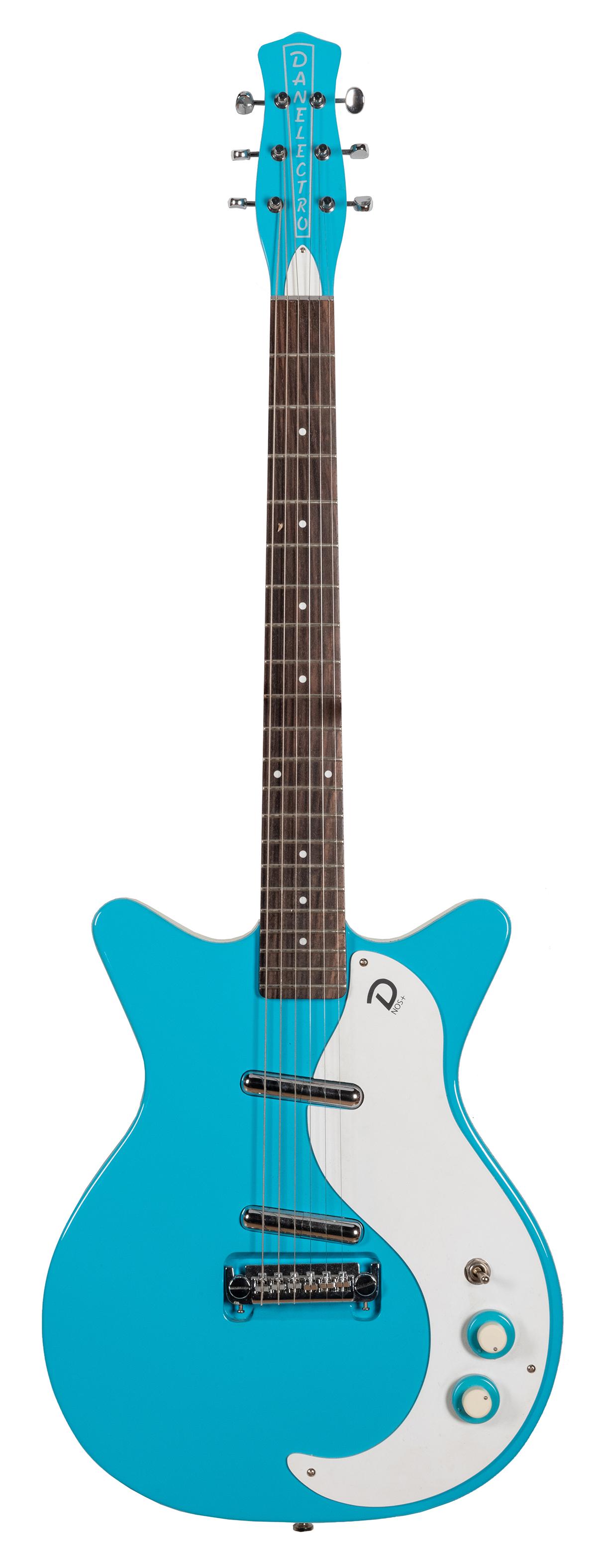 Danelectro Model 59 Electric Guitar. Vintage reissue,: Danelectro Model 59 Electric Guitar. Vintage reissue, limited run. Baby comeback blue, maple neck, rosewood fretboard, lipstick pickups. Small nick to rear panel; else fine.