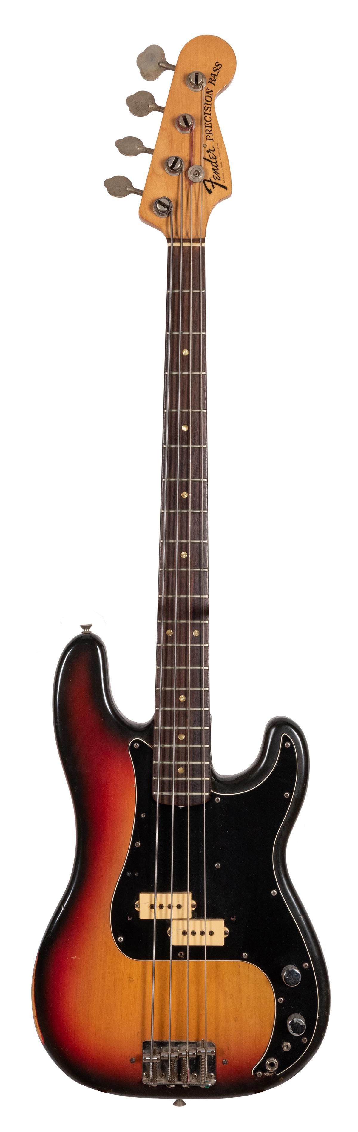Fender Precision Bass Guitar. U.S.A., 1974 Three-color: Fender Precision Bass Guitar. U.S.A., 1974 Three-color sunburst, split pickup, bolt on maple neck, maple fingerboard. Includes original case.