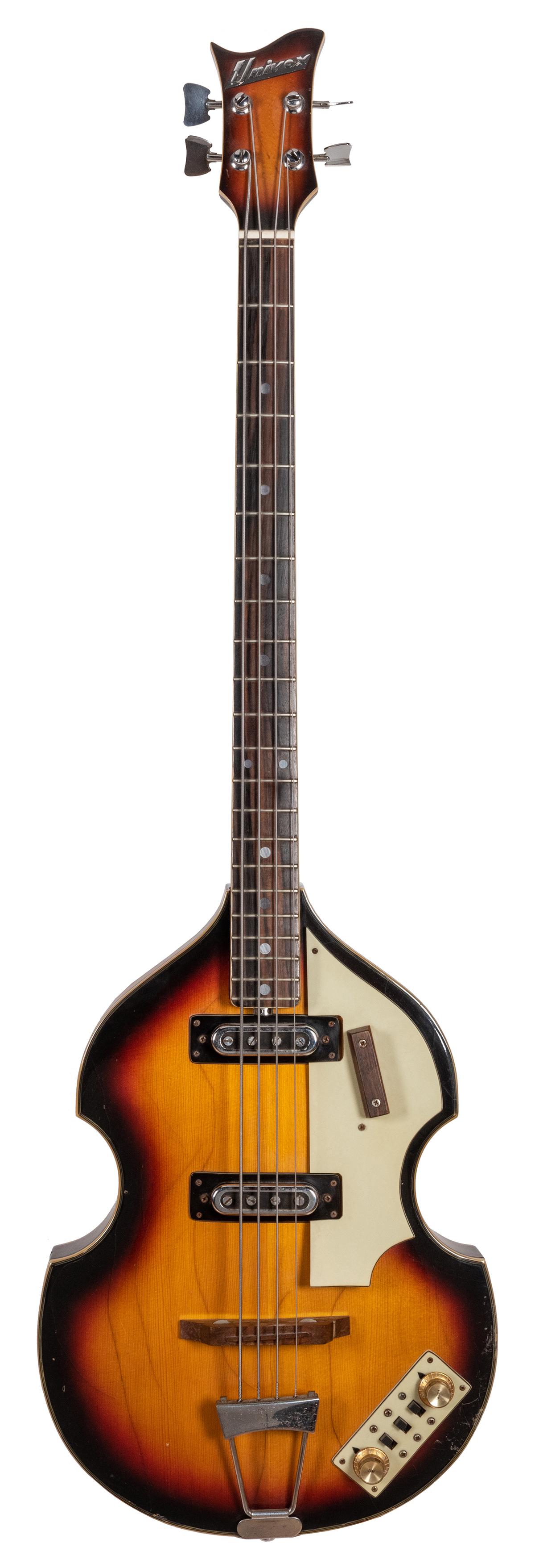 Univox ‘Lectra Violin Electric Bass Guitar.: Univox ‘Lectra Violin Electric Bass Guitar. Japan, 1960s. Hofner style, hollow body sunburst finish, rectangular control panel, tone and pickup switches. Splits to body, warped pick guard.
