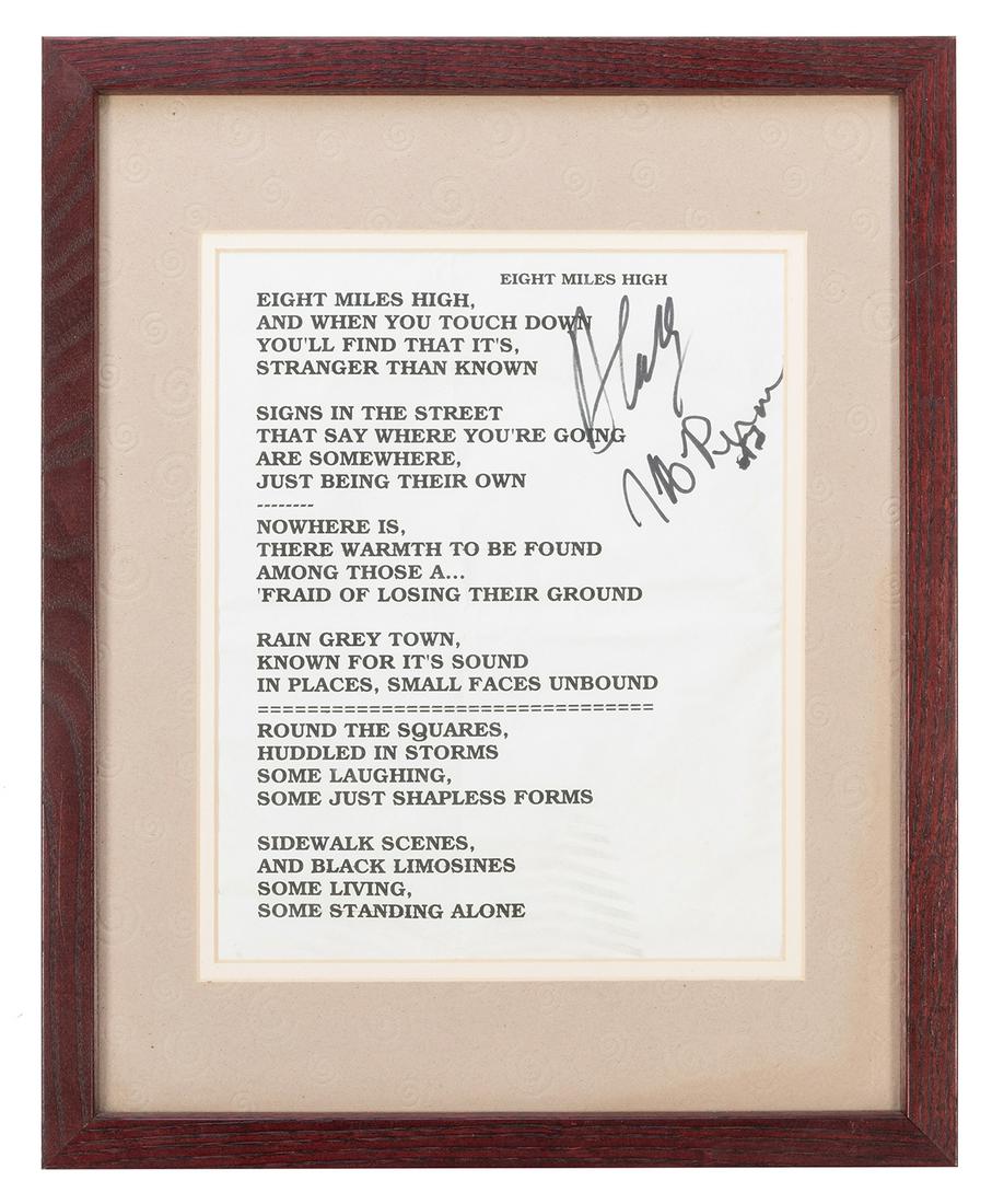Lyric Sheet Signed by David Crosby and Jeff Pevar.: Lyric Sheet Signed by David Crosby and Jeff Pevar. Printed lyric sheet for the song “Eight Miles High” by The Byrds, performed here by the band CPR at a charity event at Lincoln Park Zoo (