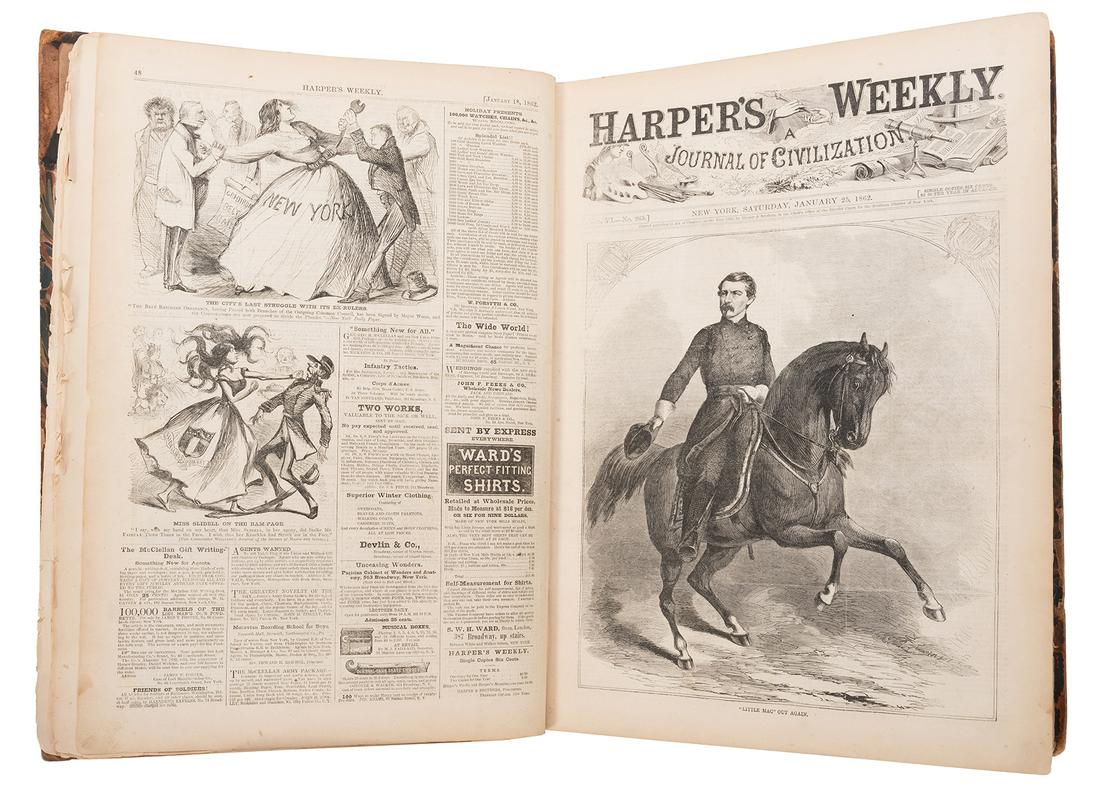 [U.S. Civil War] Harper’s Weekly. Bound Volume: [U.S. Civil War] Harper’s Weekly. Bound Volume for 1862. Bound volume of Harper’s from Jan. 4 to Dec. 27, 1862. 4to. Numerous half, full and double-page engravings, including extensive cov