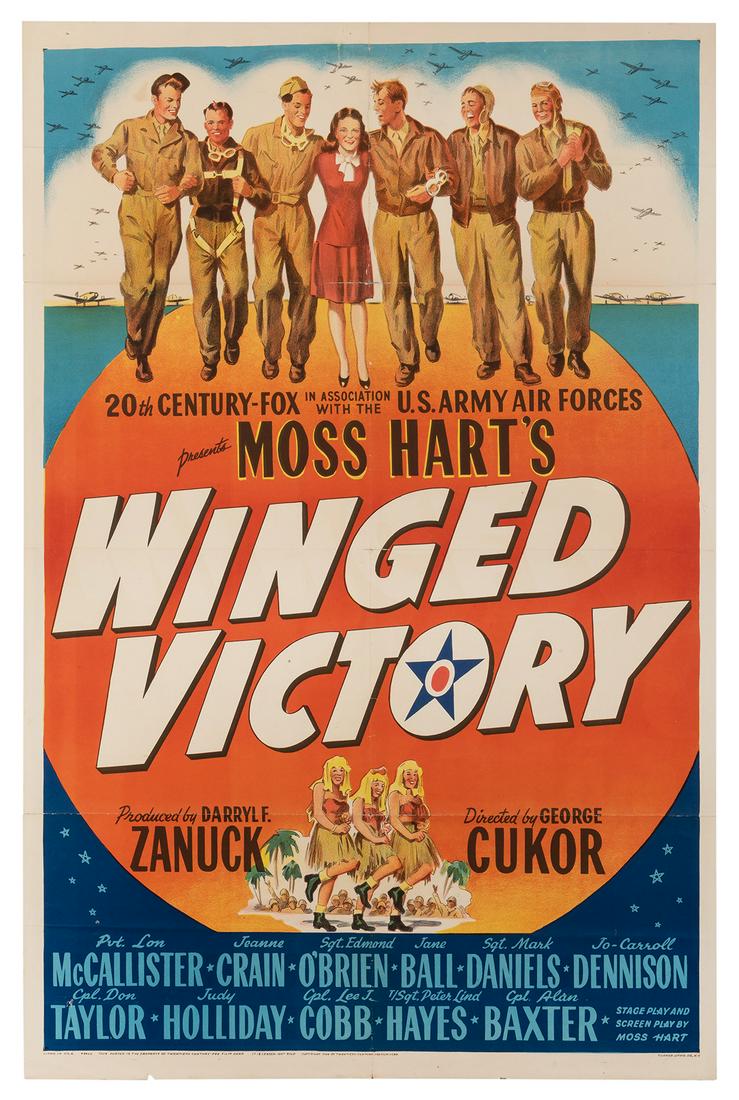 [World War II] Winged Victory. 20th Century Fox, 1944.: [World War II] Winged Victory. 20th Century Fox, 1944. One-sheet movie poster. 41 x 27”. Unmounted. Slight losses at edges and along folds. B+.
