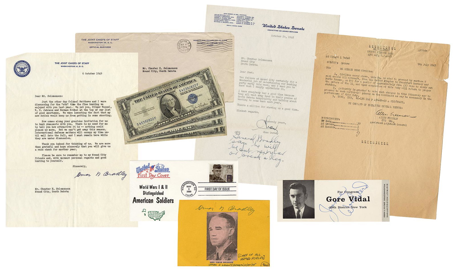 Omar Bradley Autographs. Including an Omar Bradley: Omar Bradley Autographs. Including an Omar Bradley signed carbon letter to Chester E. Solomonson, with mailing cover (1949); signed orange album leaf with mounted news photo (RR COA included); Chan Gu