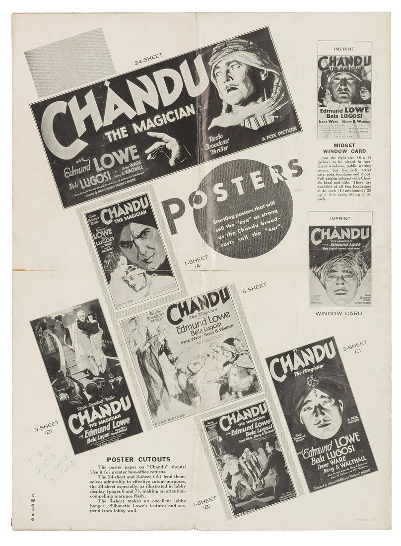 Chandu the Magician Exhibitor’s Book. Fox, 1932.: Chandu the Magician Exhibitor’s Book. Fox, 1932. Twelve-page booklet (22 x 15 ¾”) with illustrations of posters and lobby cards for the film starring Edmund Lowe and Bela Lugosi, plus