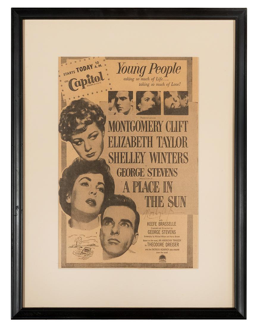 Montgomery Clift Signed Advertisement. Newsprint: Montgomery Clift Signed Advertisement. Newsprint advertisement for “Young People,” signed by Clift beside his portrait. Framed and matted, sight 14 x 9 ¼”.