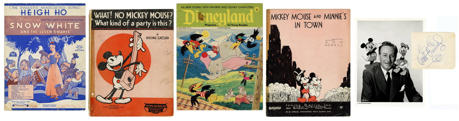 Walt Disney / Disney Memorabilia. Including a Walt: Walt Disney / Disney Memorabilia. Including a Walt Disney signed album leaf, in blue ballpoint; two pieces of 1930s Mickey Mouse sheet music; Snow White sheet music; FDCs (3); and a few clipped advert