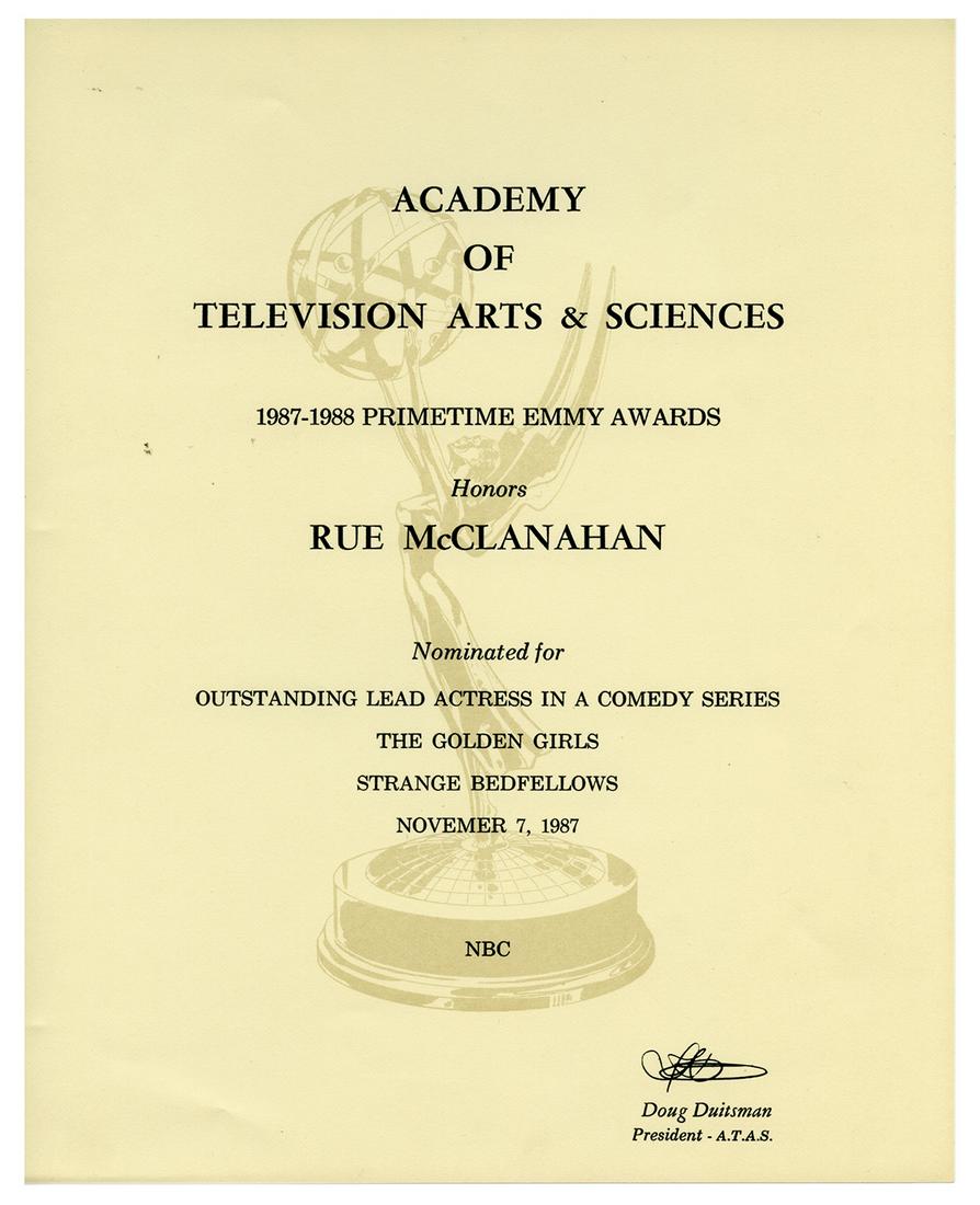 Rue McClanahan Emmy Awards Nomination Certificate.: Rue McClanahan Emmy Awards Nomination Certificate. 1988. Official nomination for a Primetime Emmy Award for Outstanding Lead Actress in a Comedy Series from the Academy of Television Arts & Sciences.