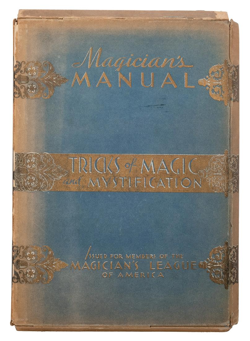 Gibson, Walter. Magician’s Manual. New York:: Gibson, Walter. Magician’s Manual. New York: Magicians’ League of America, 1933. First edition. Cloth-backed boards with knotted rope design, housed in the publisher’s folding case l